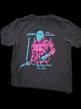 Men's Graphic Jason Horror Tee in Black with Pink & Teal Print